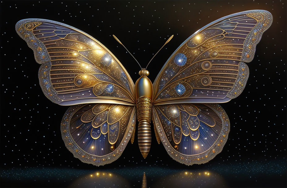 Stylized ornate butterfly with golden patterns on starry night sky.