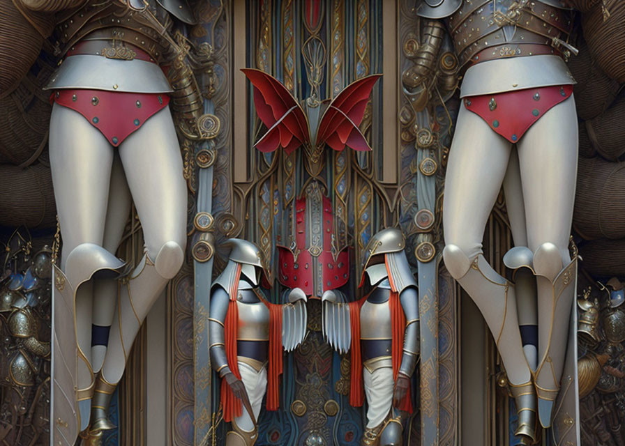 Ornate knight armor with red butterfly and mirrored sets