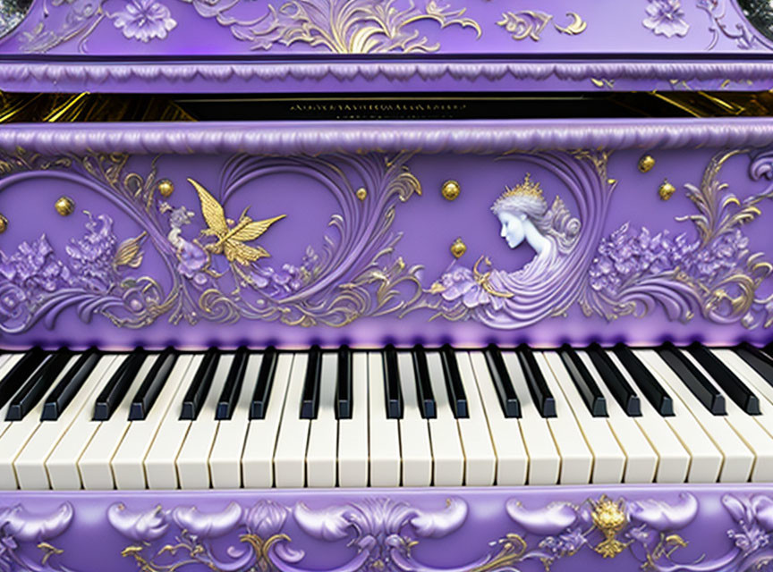 Luxurious Purple Piano with Gold and White Floral Designs