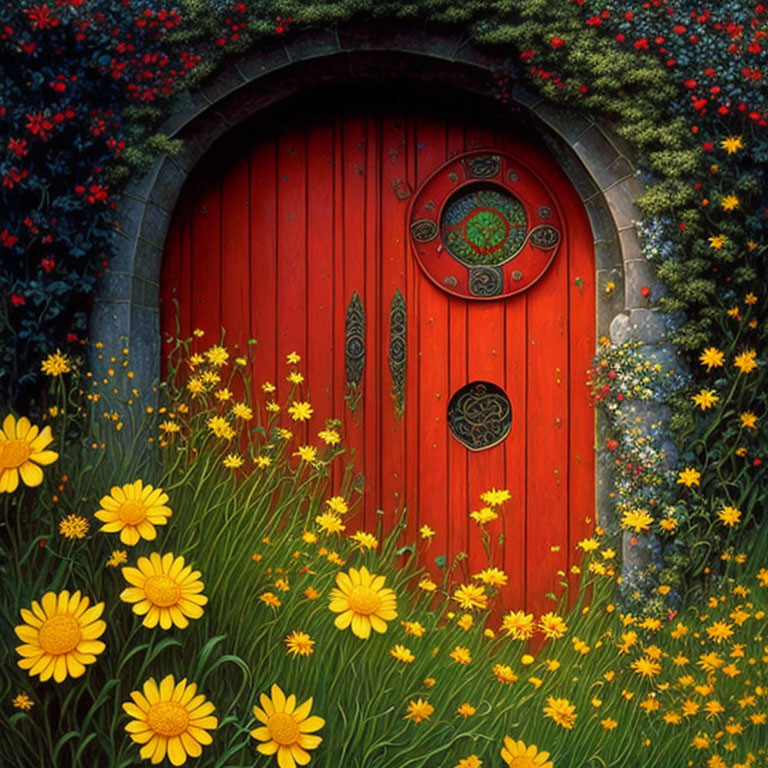 Vivid Red Rounded Door in Stone Wall with Greenery and Yellow Flowers