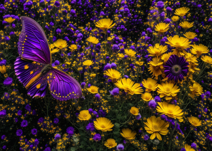 Purple Butterfly on Yellow and Purple Flowers with Green Foliage