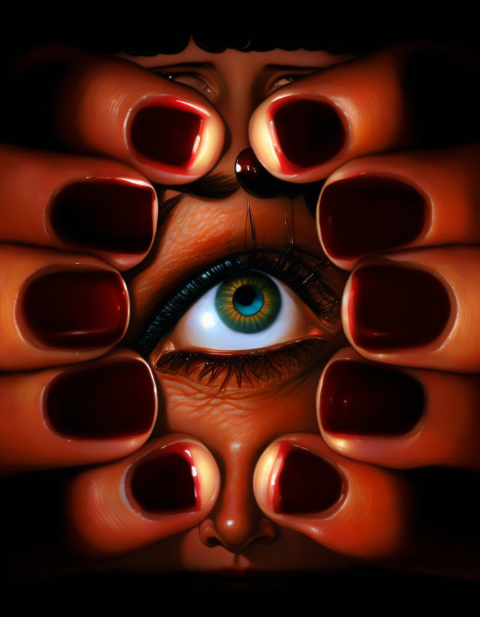 Artistic close-up of eye surrounded by fingers with red-painted nails.