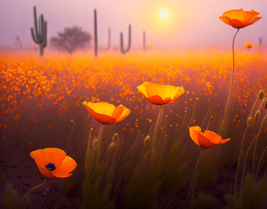 Orange Poppies Blooming in Desert Sunrise with Cacti Silhouettes