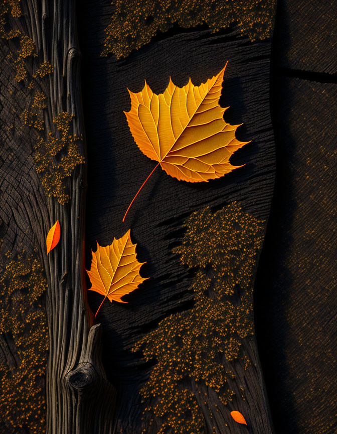 Golden yellow leaves on dark wood with warm light and yellow flecks