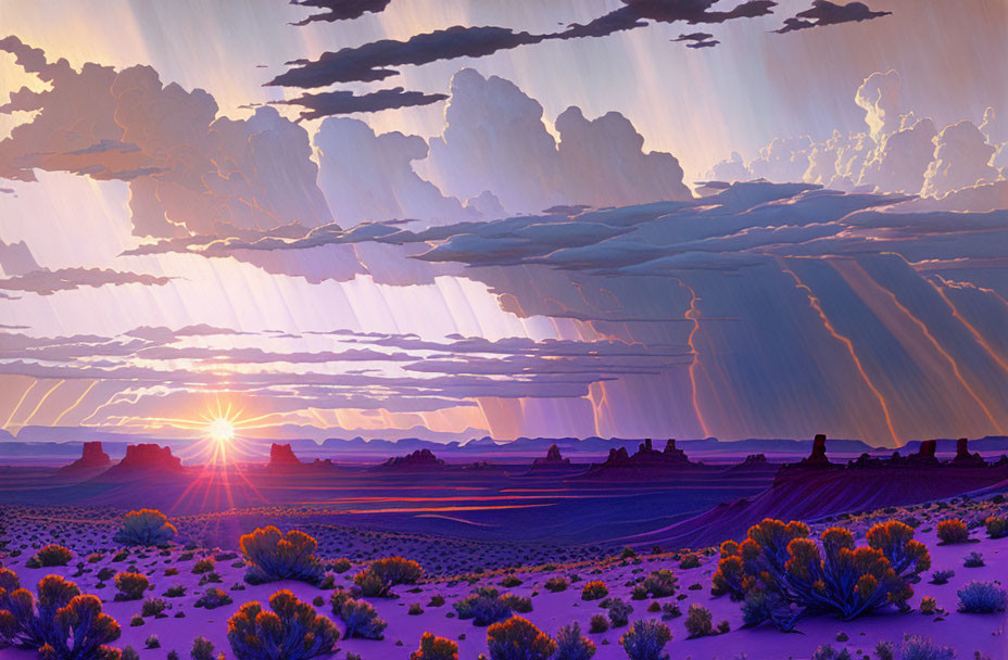 Colorful Desert Sunset with Sunbeams and Purple Sand