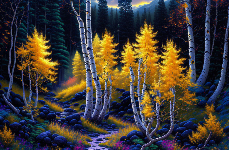 Vibrant forest scene with golden aspen trees, white birches, wildflowers, and moss