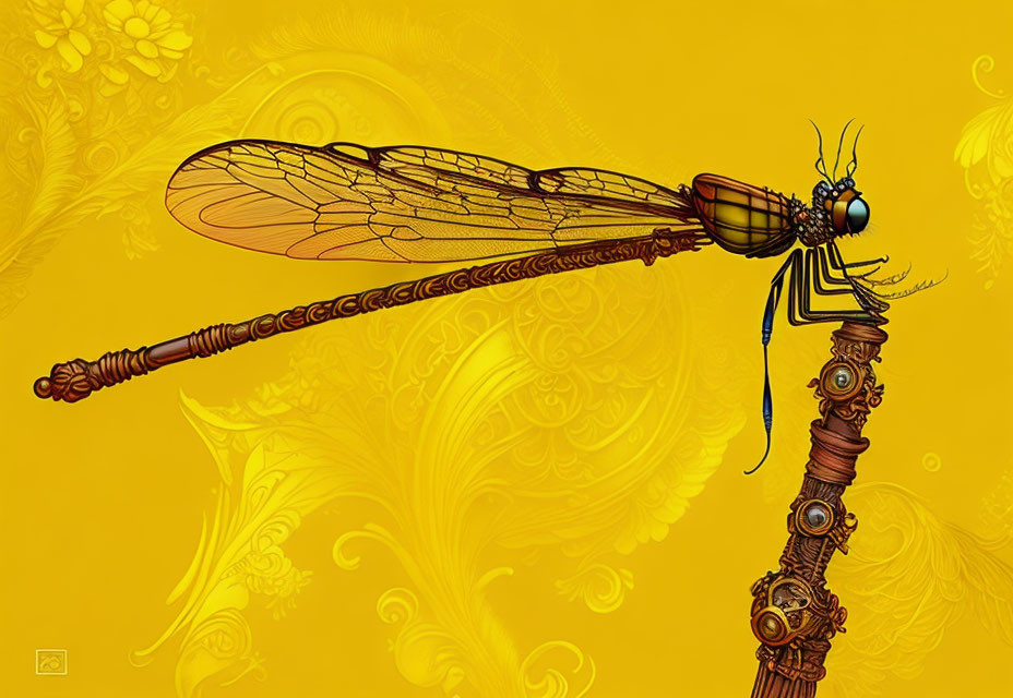 Colorful digital art: stylized dragonfly on mechanical structure, yellow floral backdrop