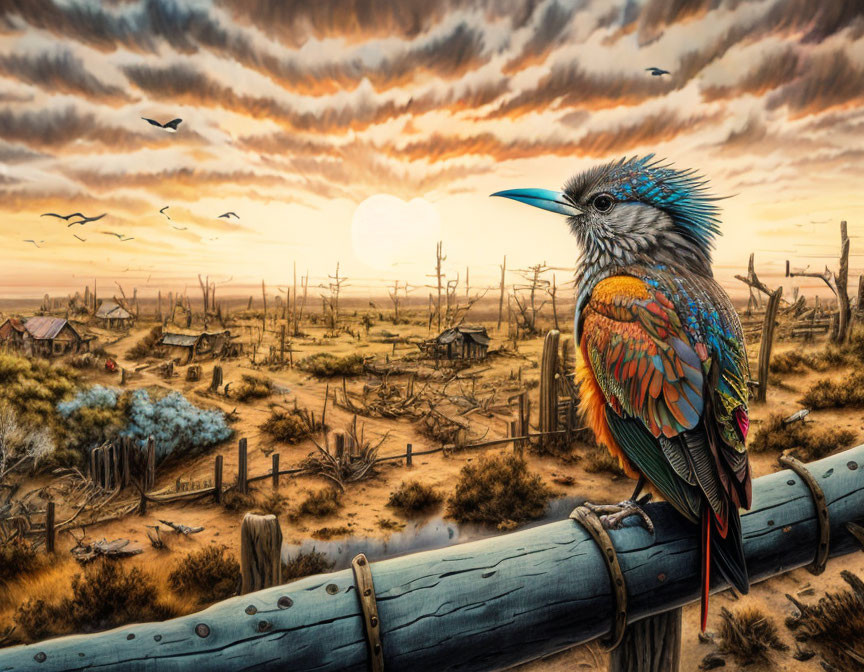 Colorful bird on rustic fence in desert village at sunset