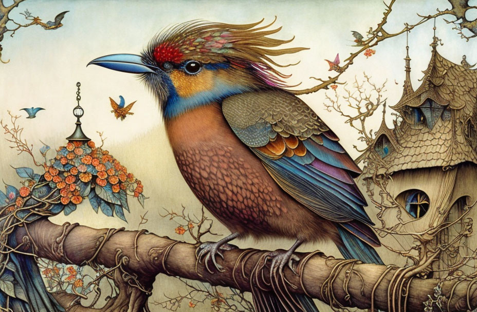 Colorful bird with intricate feathers on branch, whimsical houses and butterflies in background