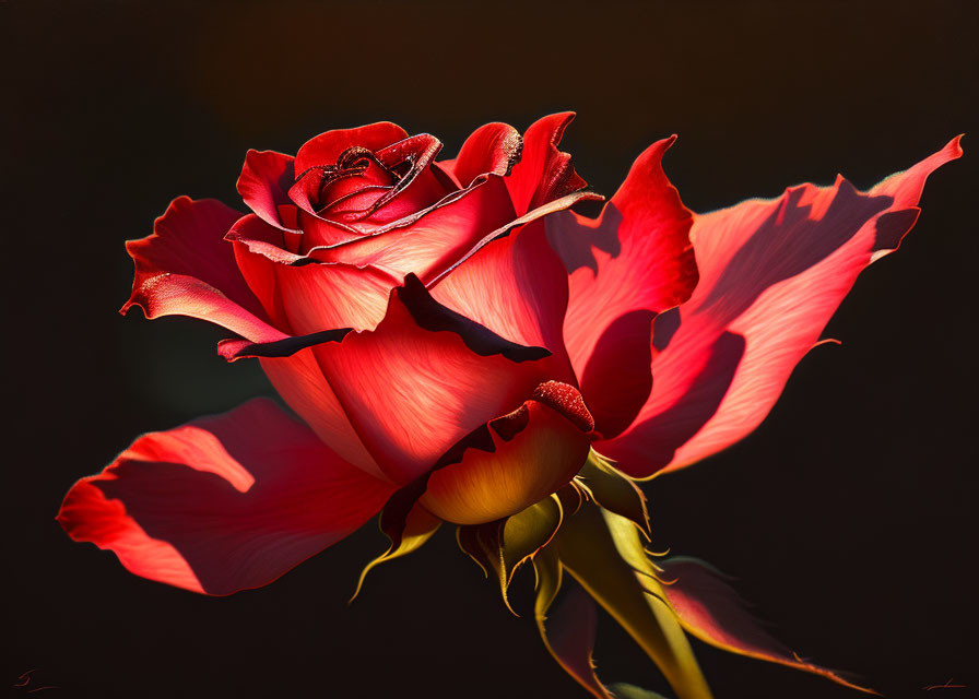 Vibrant red rose with delicate petals on dark background