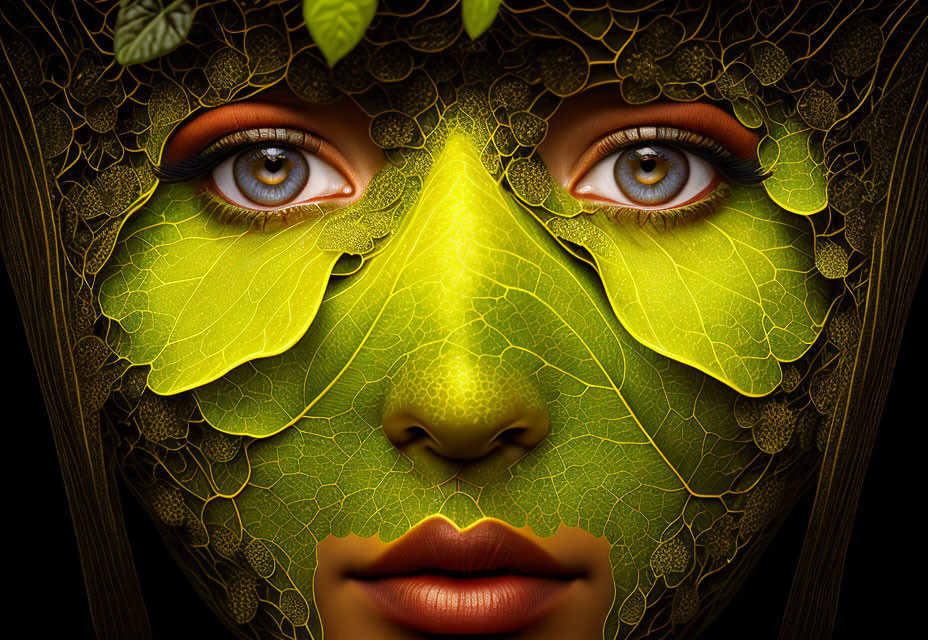 Close-up of face with leaf patterns overlaying skin and green leaves covering eyes