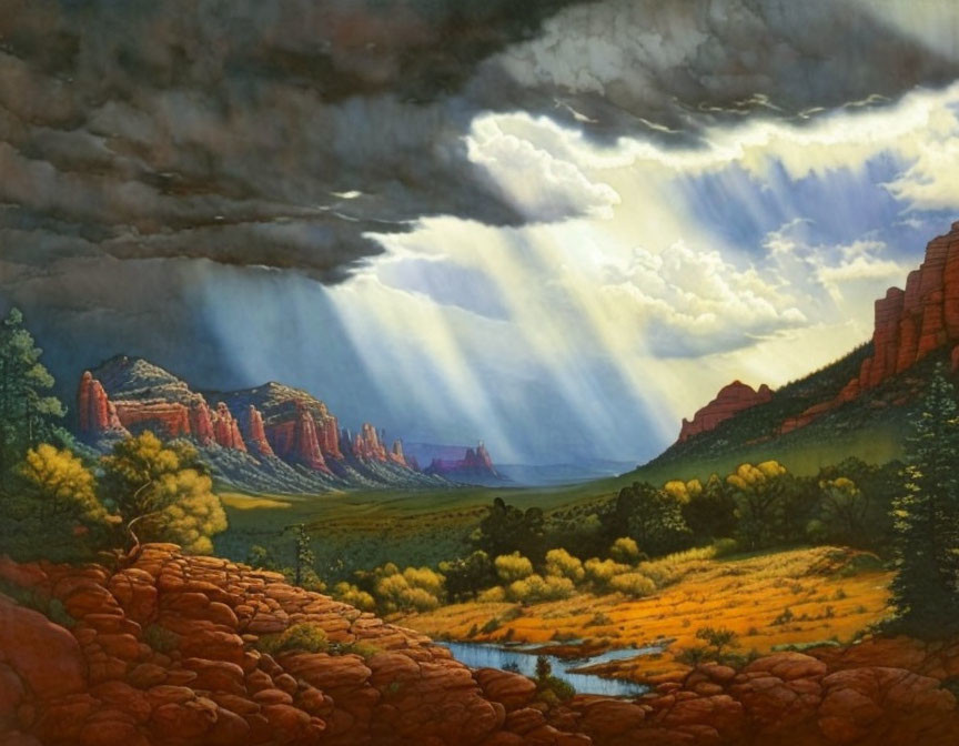 Scenic landscape painting: sunrays, storm clouds, canyon, red rocks, greenery