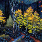 Vibrant forest scene with golden aspen trees, white birches, wildflowers, and moss