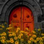 Vivid Red Rounded Door in Stone Wall with Greenery and Yellow Flowers