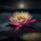 Vibrant pink and yellow lotus flower on dark water with lily pads and sunset reflection