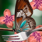 Colorful Butterfly Resting on Pink Flowers with Green Background