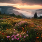 Colorful Mountain Landscape with Sunset Sky and Wildflowers