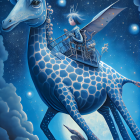 Child riding winged giraffe with toy car in starry sky