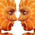 Symmetrical Women Profiles with Ornate Headdresses on Orange Background