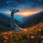 Giraffe head in flower-covered hill at twilight