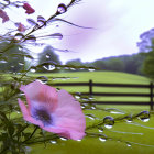 Tranquil landscape with blooming pink flowers, green hills, trees, and wooden fence under a