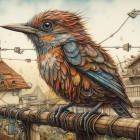 Colorful bird with intricate feathers on branch, whimsical houses and butterflies in background