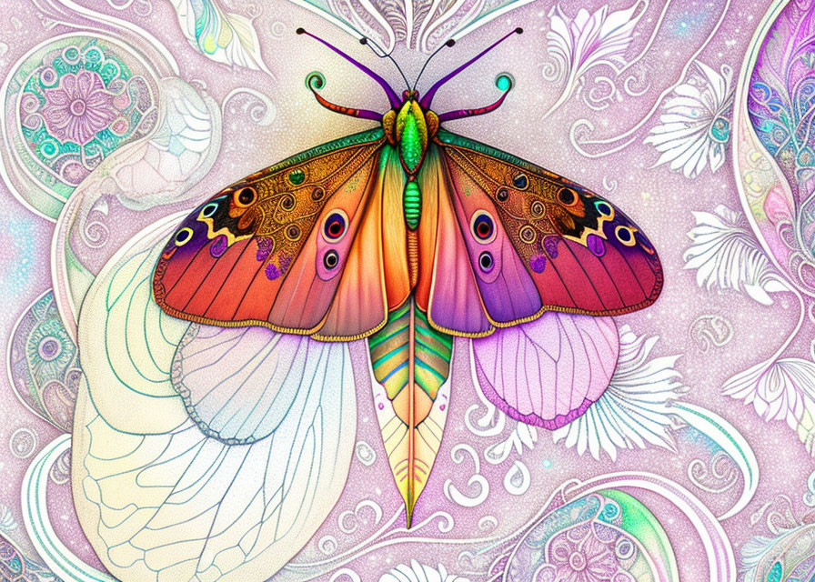 Colorful Butterfly Illustration on Whimsical Floral Paisley Background