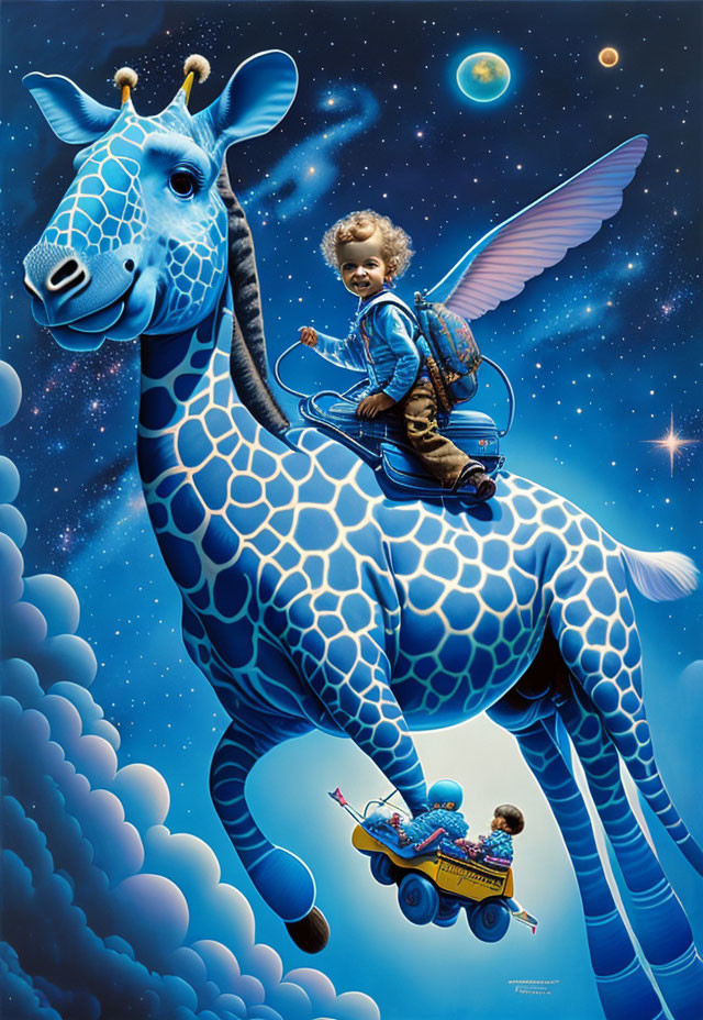 Child riding winged giraffe with toy car in starry sky