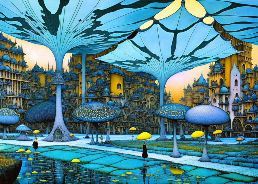 Fantasy landscape with mushroom-like structures, blue trees, and yellow buildings