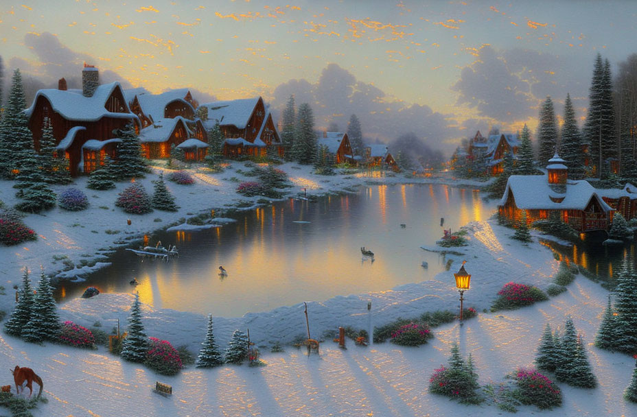 Snow-covered village by calm lake with wildlife at dusk