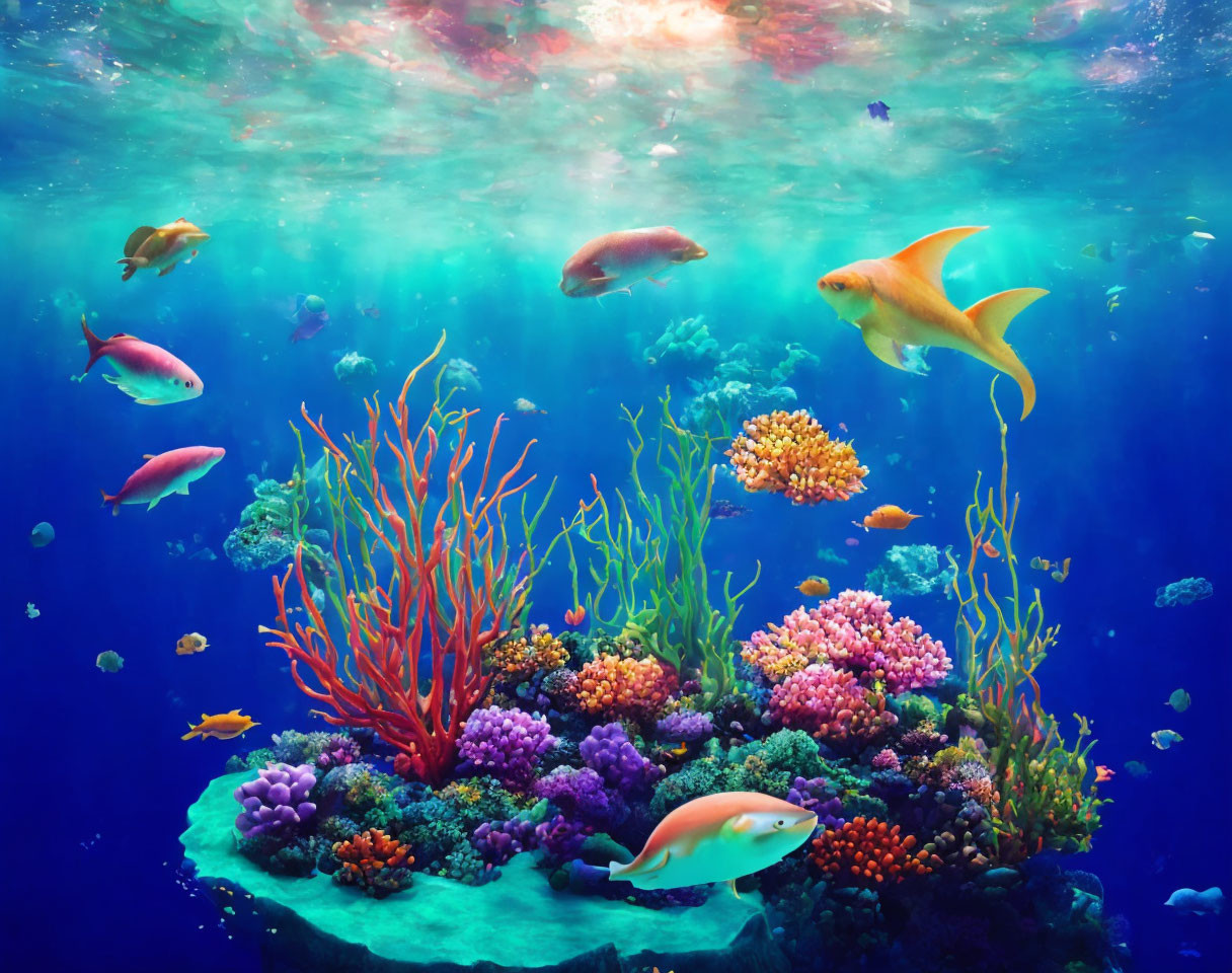 Colorful Coral Reef and Fish in Vibrant Underwater Scene