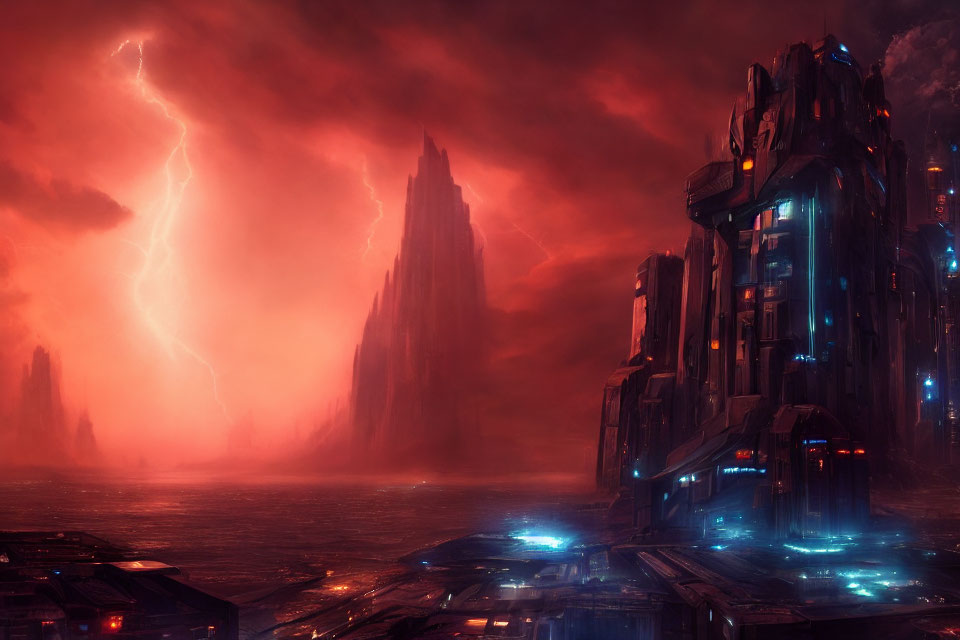 Dystopian sci-fi landscape with dark structures under stormy red sky