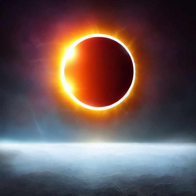 Digital artwork: Solar eclipse with glowing corona in dark, cloudy skies above rugged landscape