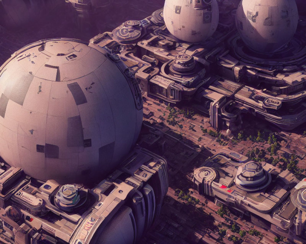 Futuristic cityscape with spherical structures and intricate urban design