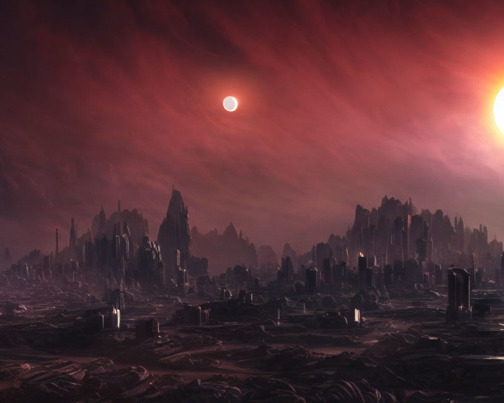 Futuristic alien landscape with red sky, dual suns, towering rocks, and modern structures