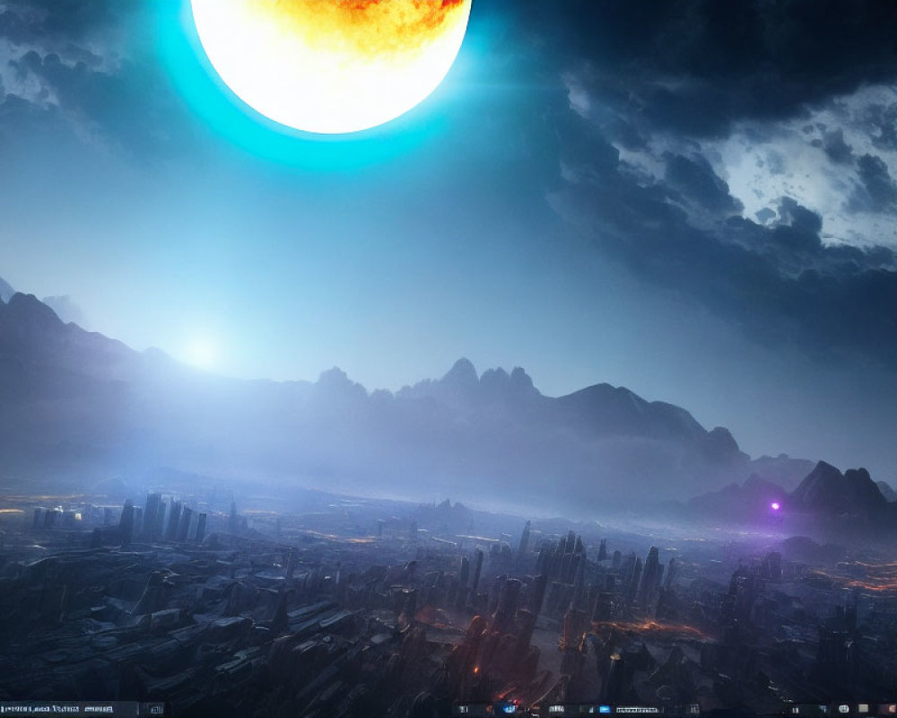 Futuristic cityscape with towering skyscrapers and celestial body