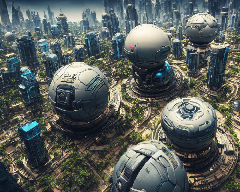 Futuristic cityscape with spherical structures and high-rise buildings amid greenery