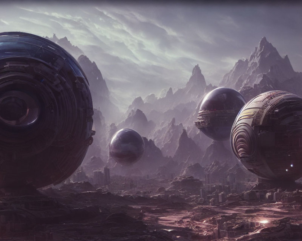 Sci-fi landscape with floating spherical structures and jagged mountains