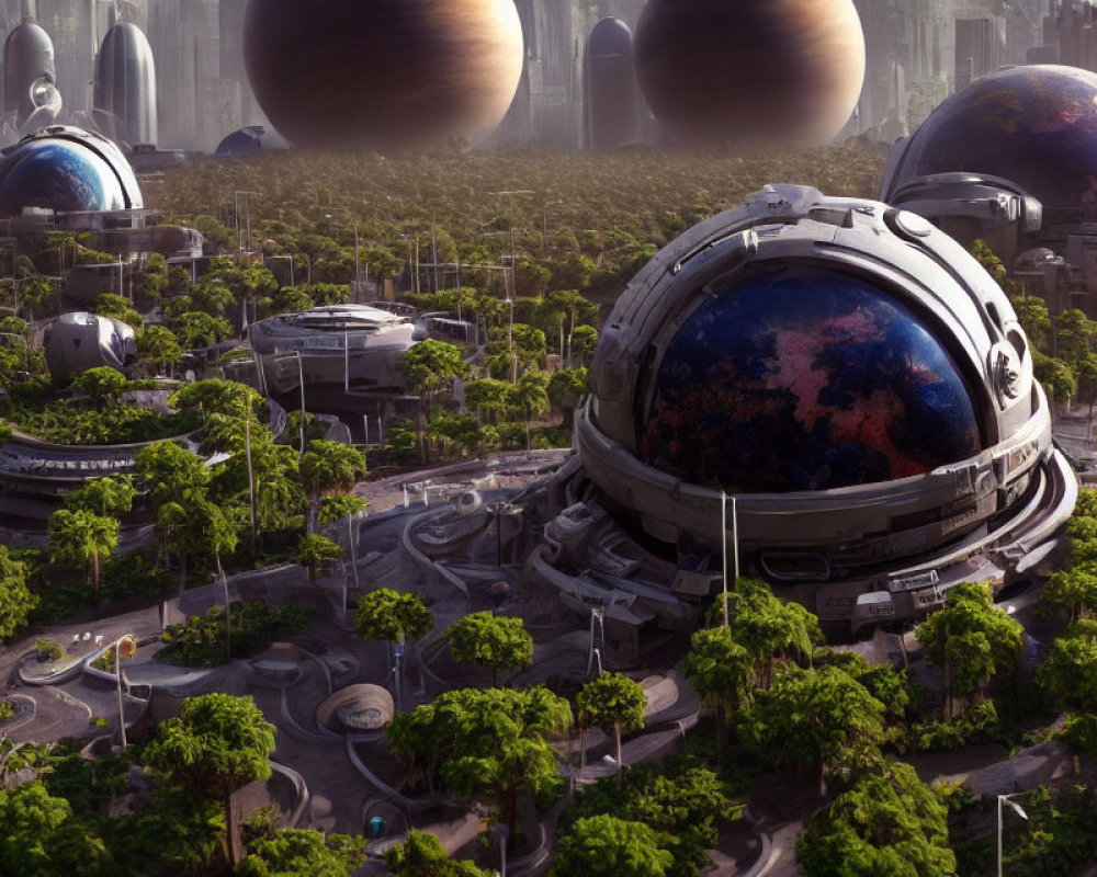 Futuristic cityscape with dome structures and colossal planets.