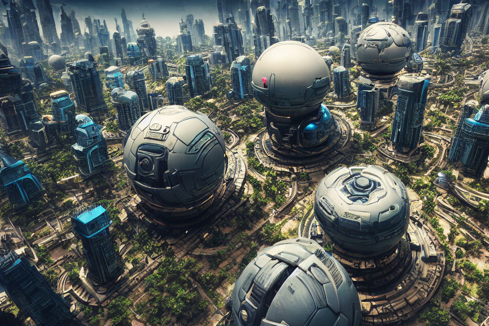 Futuristic cityscape with spherical structures and high-rise buildings amid greenery