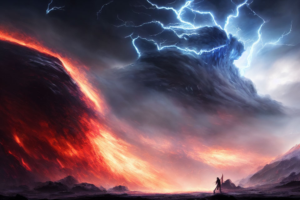 Lone figure in fiery sky with electric blue lightning