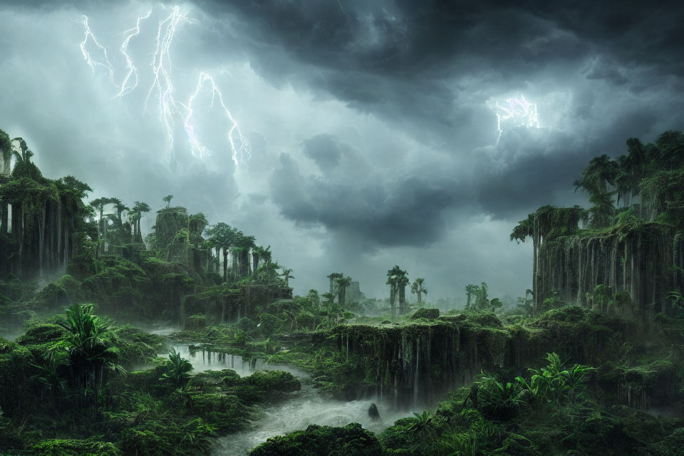 Mystical jungle with towering trees, stormy sky, lightning, and fog-covered river.