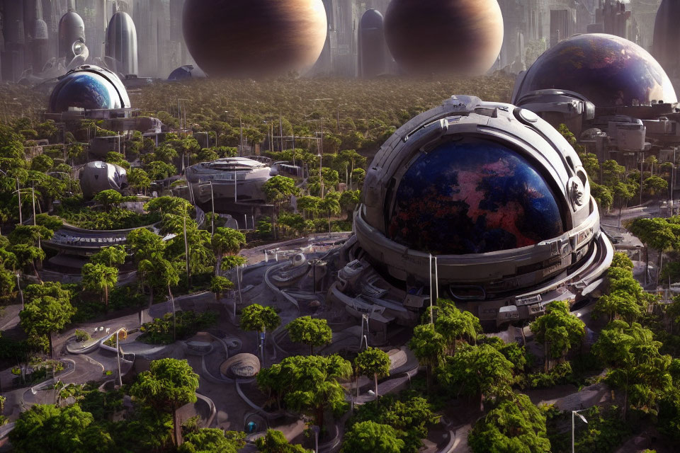 Futuristic cityscape with dome structures and colossal planets.