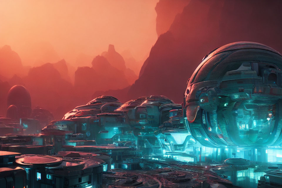 Futuristic city with dome-shaped structures and glowing blue lights under a red sky