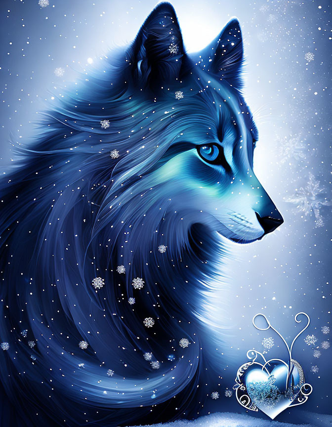 Mystic blue wolf with striking eyes in snowy starry scene