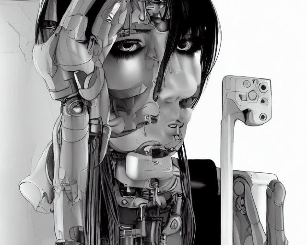 Detailed Monochromatic Image of Cybernetic Female Figure with Mechanical Enhancements