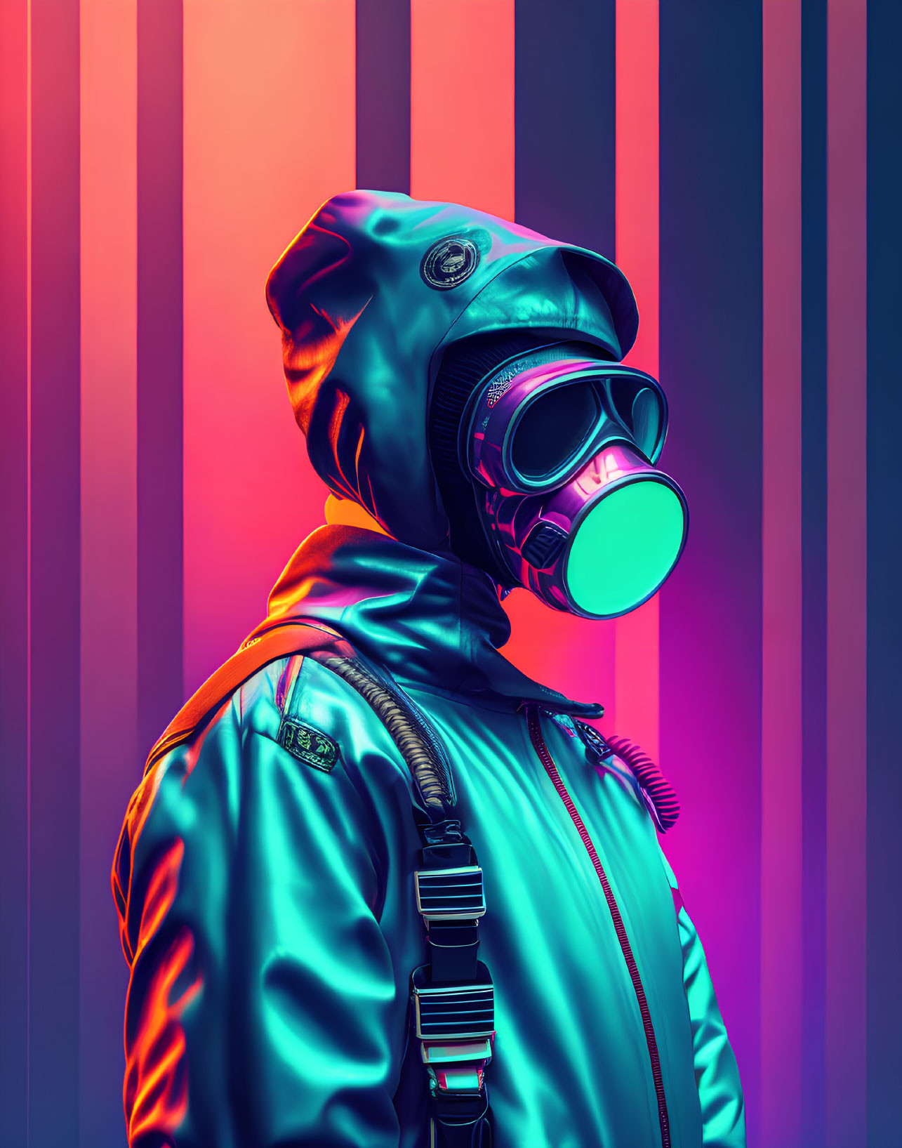 Colorful Striped Background with Person in Gas Mask & Shiny Jacket