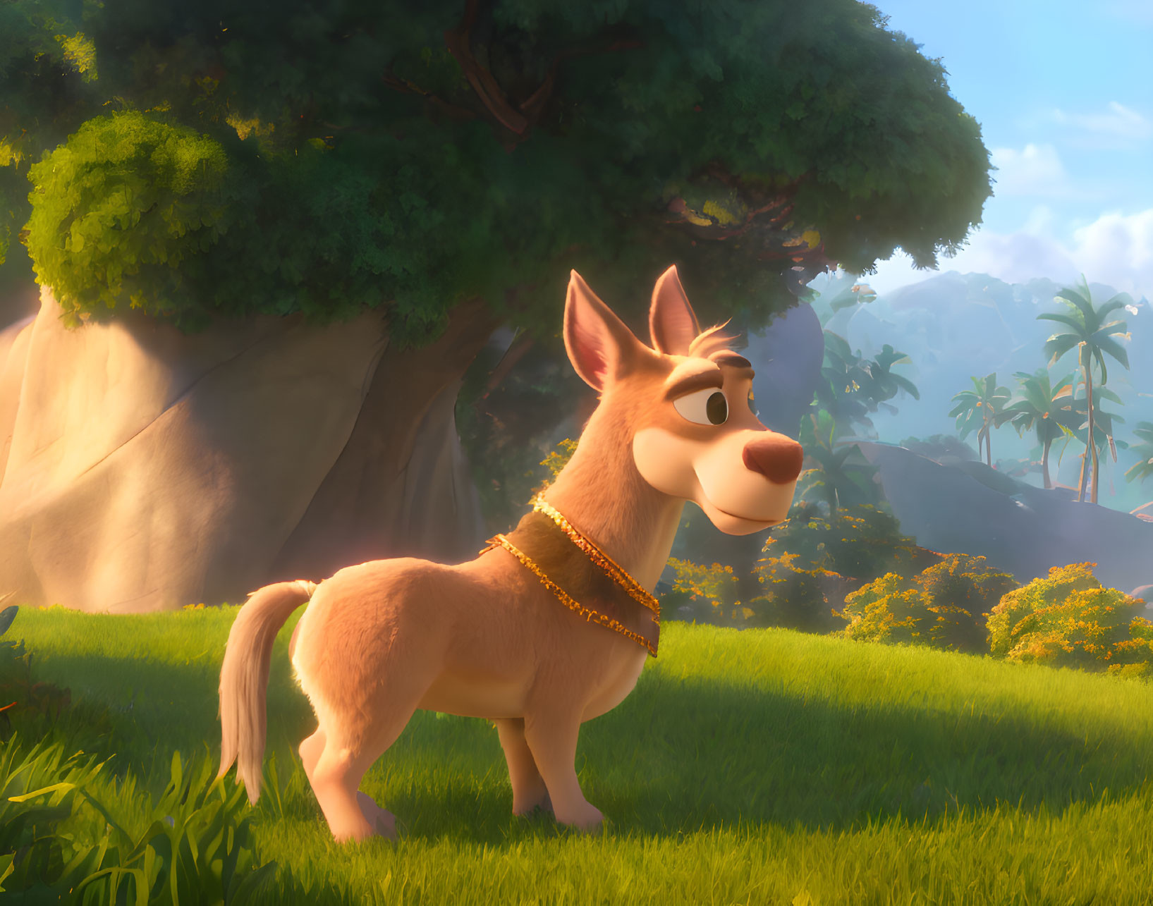 Stylized animated donkey with golden collar in sunny glade