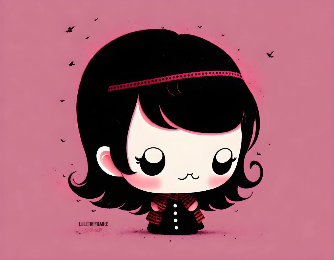 Stylized illustration of a cute girl with large eyes and black hair on pink background