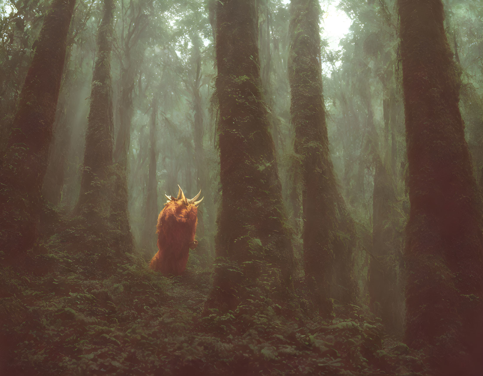 Red-furred mystical creature with horns in foggy forest.